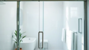 Showcase of stylish shower doors sliding, emphasizing sleek design and elegant chrome finish.