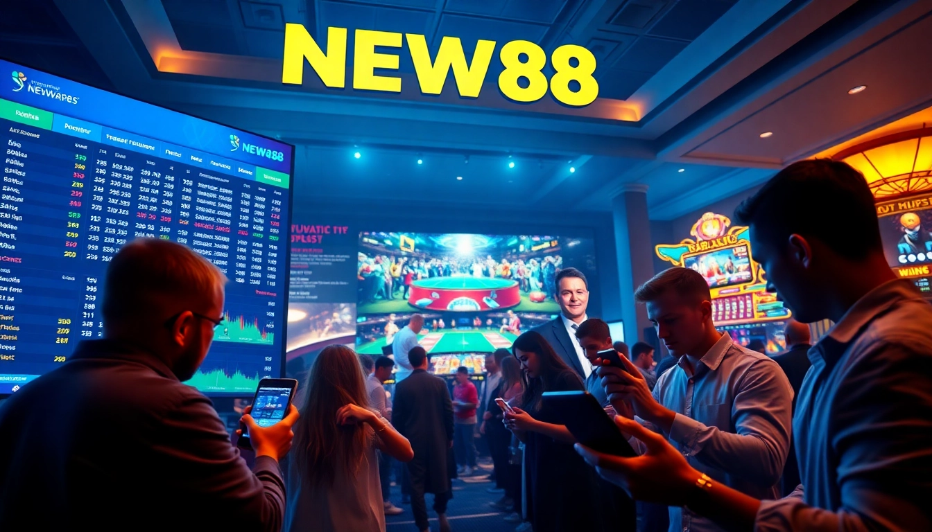 Engaging scene of online betting at new88go.com, showcasing diverse players and modern technology.