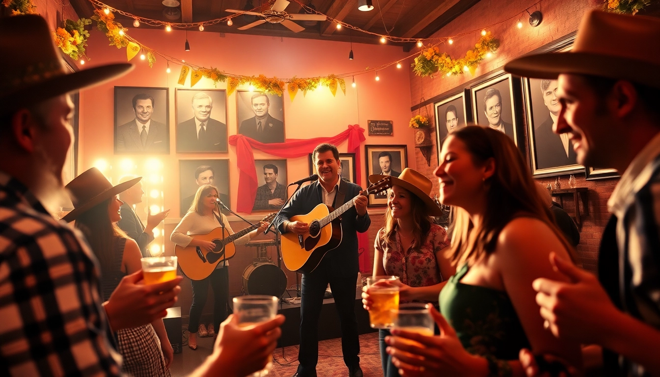 Vibrant scene from the johnnycashbirthday.com celebration at the Johnny Cash Museum, capturing live music and happy guests.