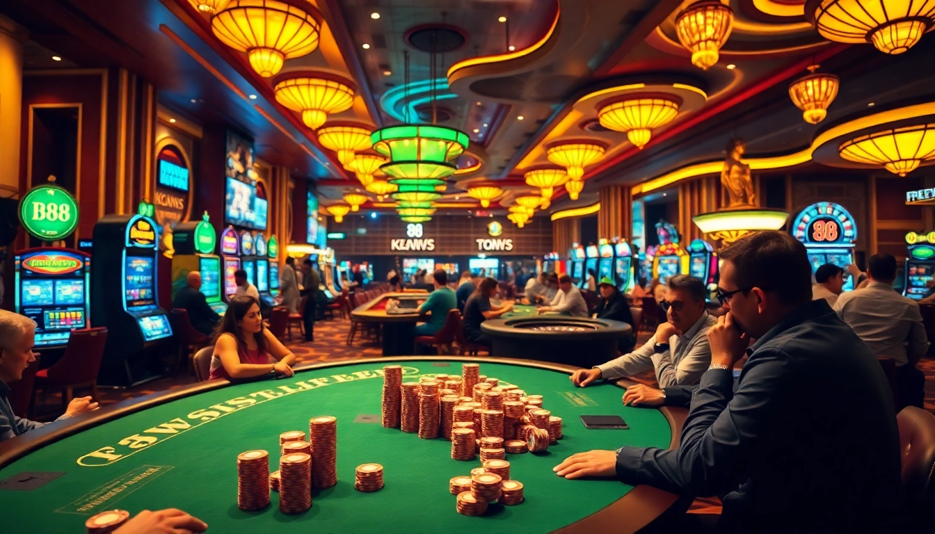 Gamblers enjoying a vibrant casino scene with B8 prominently displayed, surrounded by tables and slot machines.