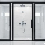 Elegant black frame shower doors enhance the modern bathroom design with premium black and glass features.