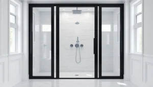 Elegant black frame shower doors enhance the modern bathroom design with premium black and glass features.