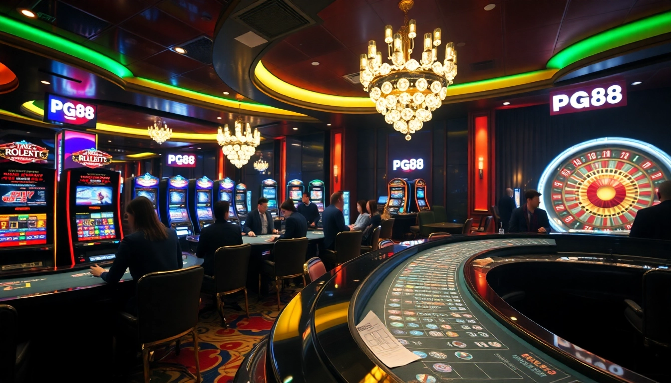 Experience the thrill of PG88 casino games with vibrant visuals of players placing bets at poker tables.