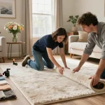 Residential carpet installation in a cozy living room, installer laying plush carpet with homeowner.