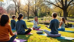 Engaged group meditation promoting mental wellness in an outdoor setting.