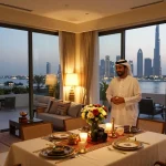 Airbnb management Dubai: stylish apartment welcoming guests with stunning skyline views, showcasing premium hospitality.