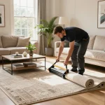 Expert carpet fitting services West London, highlighting a professional fitting a stylish carpet in a cozy living room.