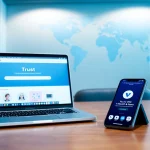 在现代办公室的笔记本电脑上展示 VPN 功能的快连官网界面。