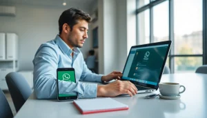 Efficient use of WhatsApp Web in a modern office, showcasing seamless communication and productivity.