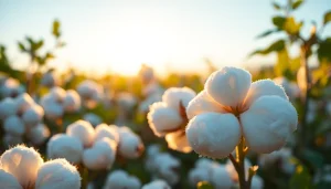 De katoenplant met prachtige bollen en glinsterende dauwdruppels in een katoenveld.