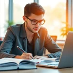 Engaged student studying for online exams help in a modern workspace.