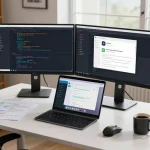 MoltBot AI enhances productivity in a modern workspace, showcasing coding and task automation across chat platforms.