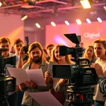 Video production agency team engaged in a vibrant film set production process.