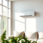 Showcase a Mitsubishi mini split AC unit in a stylish living room designed for comfort.