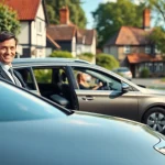 Taxi service in West Byfleet showcasing a welcoming driver beside a parked vehicle.
