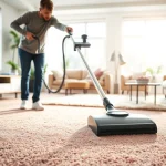 Professional carpet cleaning showcasing an expert technician revitalizing plush carpets in a bright living room.