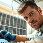 Technician engaged in Air Conditioning Repair Tampa with tools and equipment in a home setting.