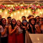 Capture joyful guests using a photo booth rental with floral backdrop and festive props.