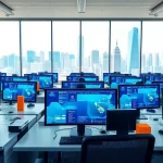 Boost team collaboration with call centre software in a modern office setting, showcasing technology and energy.