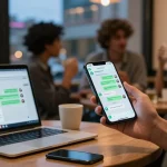 Engaged user exploring GB WhatsApp app features on smartphone in lively urban café setting, highlighting its social connectivity.