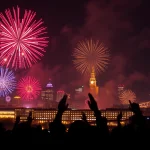 Buy fireworks Manchester with a stunning vibrant display lighting up the night sky above the cityscape.
