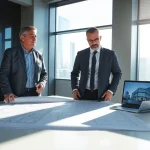 New York City General Contractor consulting with a client over blueprints in a modern office.