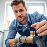 Expert plumber near me fixing a kitchen sink in a modern home setting.