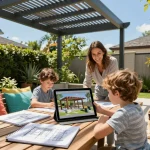 Interactive pergola configurator scene showcasing a family designing their perfect outdoor space with joy.