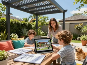 Interactive pergola configurator scene showcasing a family designing their perfect outdoor space with joy.