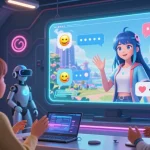 Interactive AI chat hentai scene with vibrant avatars and holographic displays, showcasing playful dialogue.