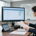 Forensic auditor analyzing financial data at aafikotabekasi.org in a modern office setting, highlighting professionalism and technology.