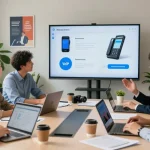 Team discussing innovative business phone systems in a professional office setting.