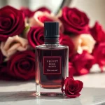 Showcase of Velvet rose & oud fragrance bottle amidst elegant floral surroundings