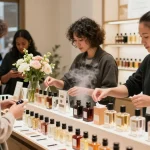 Shopping for affordable perfumes at a vibrant retail display, fragrance samples and engaging atmosphere.
