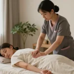 Relaxing 구월동출장마사지 session in a serene home environment with soft lighting and essential oils.