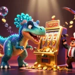 Dive into the excitement at tr88z as a pachycephalosaurus wins jackpot coins from a golden slot machine in a vibrant casino landscape.