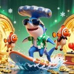 Experience thrilling wagers with gavangtv as a shark surfs coins in this vibrant digital illustration.