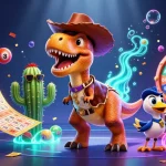 Engage with ibn to discover vibrant lottery-themed 3D scene featuring a T-Rex and interactive elements.