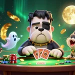 Engage in thrilling gameplay at 98win with a vibrant 3D scene of a bulldog dealer and a werewolf kitten.