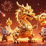 Join the excitement at rr99aa with a vibrant 3D dragon breathing golden gears, embodying the ultimate casino fun.