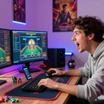 Enthusiastic player at home desk enjoying online casino games, showcasing https://mhfe.org.uk excitement and modern gaming setup.
