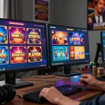 Online casino player using credit card at gaming station, showcasing vibrant gaming experience at https://scoarch.org.uk