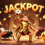 Join the excitement of c168 as a heroic beetle celebrates a big casino jackpot amidst dynamic gambling elements.