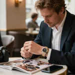 Close-up of a rolex replica on a watch enthusiast's wrist in a stylish café.