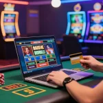 Engaging online gaming scene at https://scoarch.org.uk featuring a player using a credit card at a vibrant casino setup.