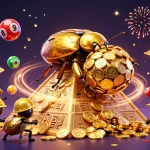 Experience win678 with a vibrant scene of a golden dung beetle and lottery elements in a casino-themed celebration.