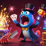 Tải sun win and enjoy thrilling card tricks from a magician eel under the spotlight in a lively casino scene.